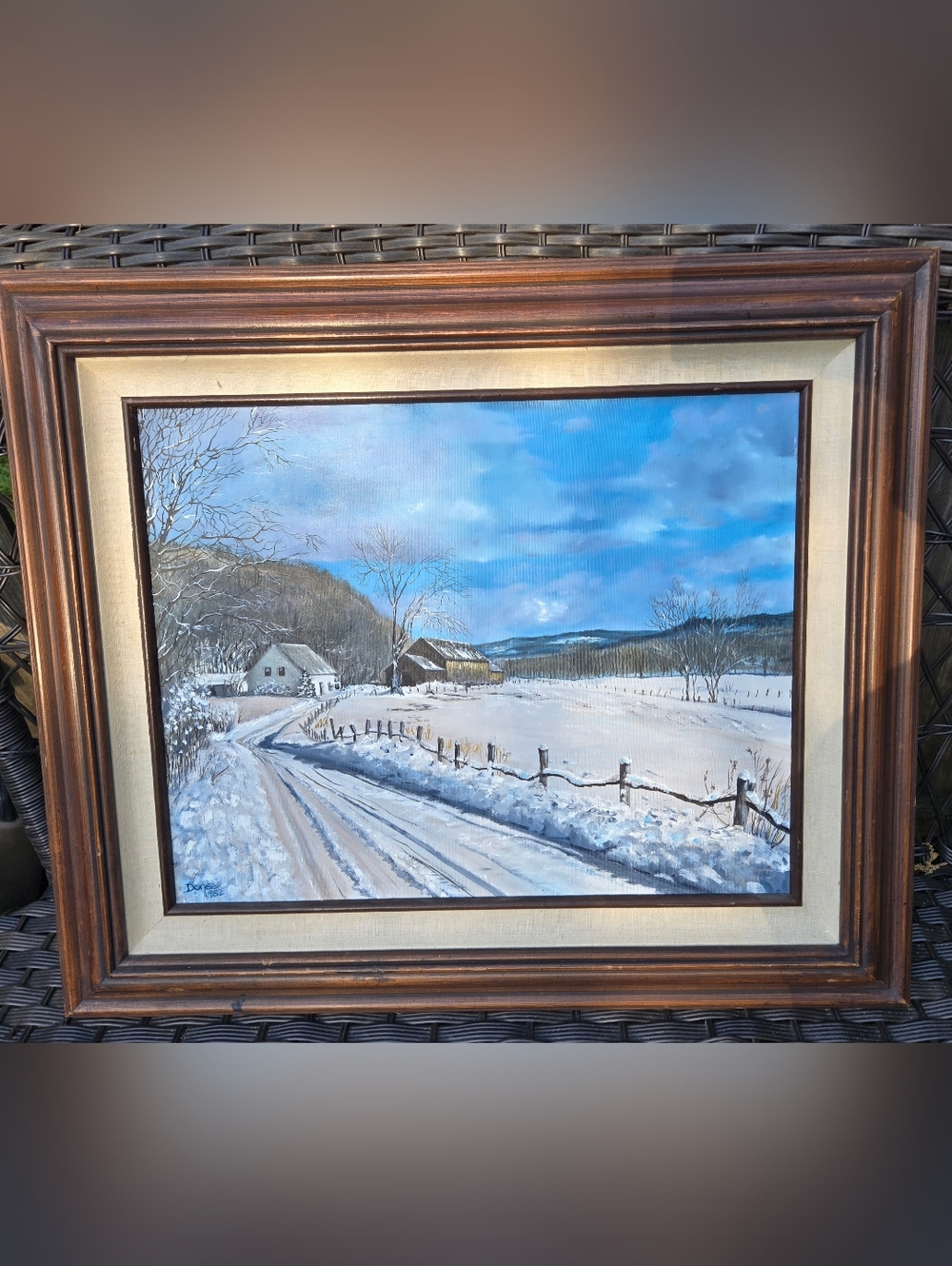 Vtg 1982 Signed Donee Winter Oil Painting Lg Framed Farmhouse Snow Rustic Farm